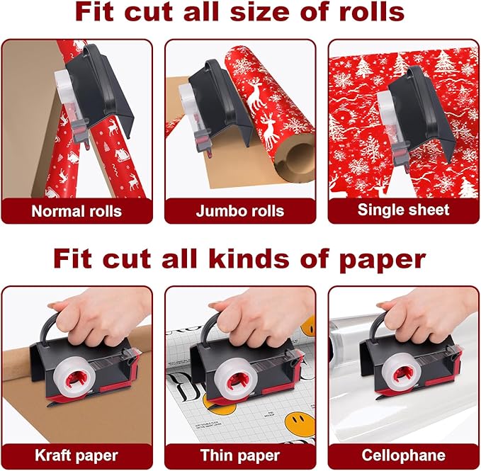 2-in-1 Wrapping Paper Cutter & Tape Dispenser, Christmas Gift Wrap Cutter Tool with 4 Tapes & Replaceable Blades, Fast Straight Cutting Tool for Holiday & Birthday Wrapping Kits