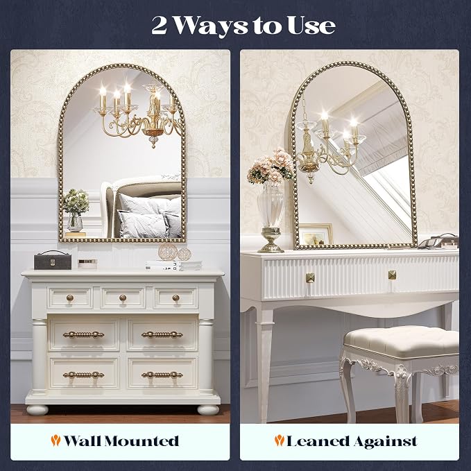 Beaded Arched Mirror for Wall, 30"x40" Gold Arch Brass Bathroom Mirrors, Champagne Bronze Vintage Metal Frame Decorative Mirror for Mantle,Bedroom Dressing Room Entryway Fireplace