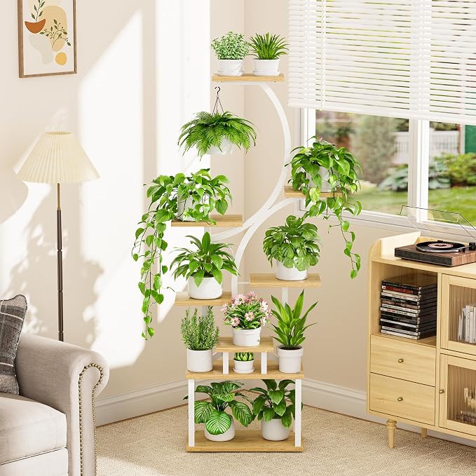 Plant Stand with Grow Lights for Indoor Plants, 8-Tiered Tall Corner Plant Shelf with Full Spectrum Light, S-Shaped Space-Saving Narrow Flower Holder, Anti-Tip for Living Room Bedroom Office, Natural