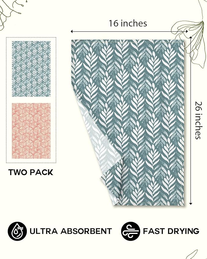 Miss Adola 2 Pack Flour Sack Kitchen Towels - 16x26 Inch Cotton Dish Towels with Hanging Loop Reusable Geometric Boho Modern Retro Tea Towel Absorbent Dishcloths Home Decor, Botanical Flower