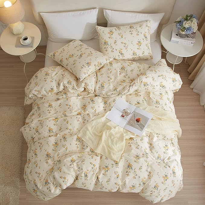 HighBuy 3 Pieces Duvet Covers Twin Size Cute Yellow Floral Duvet Cover Set,Ultra Soft Cotton Bedding Set Botanical Printed Soft Aesthetic Bed Cover with Zipper Closure 4 Ties All Season