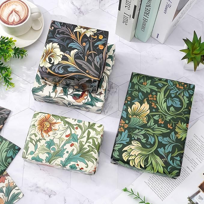JarThenaAMCS 12 Sheet William Morris Wrapping Paper -Not Roll- Vintage Floral Gift Wrap Paper Folded Flat Retro Floral Art Paper for Wedding Birthday DIY Crafts Gift Wrapping, 19.7 x 27.6 Inch