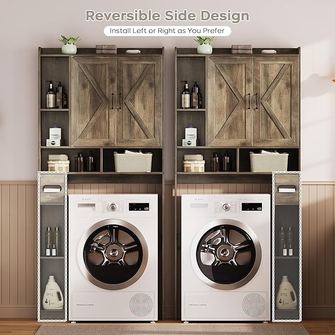 Over the Toilet Storage Cabinet, 31.1”W Bathroom Organizer with Double Doors, Above Toilet Rack, Detachable Toilet Paper Holder for Bathroom & Laundry Room Grey