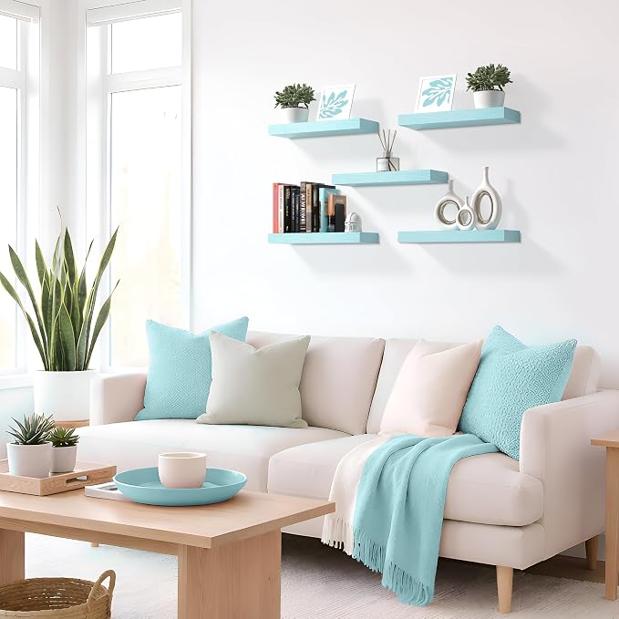 Sorbus Floating Shelves for Wall – 16 Inch Floating Shelf for Kitchen, Bedroom, Living Room, Bathroom, Home & Wall Decor - Mounted Bathroom Shelves with Invisible Brackets (Breezy Blue, 5 Pack)
