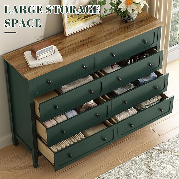 CARPETNAL Green Dresser for Bedroom, 55" Wide 8 Drawer Dresser with Metal Handles and Deep Drawers, Modern Large Wood Chest of Drawers for Living Room, Hallway.