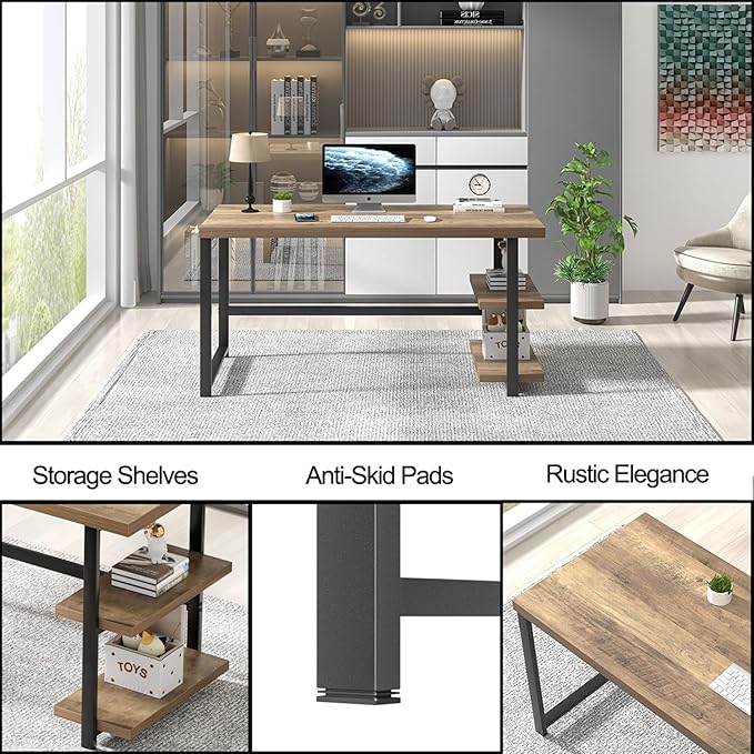 FOLUBAN Computer Desk, Modern Home Office Desk with Storage Shelves, Writing Study Gaming Table for Living Room Bedroom, Rustic Oak, 53 Inch