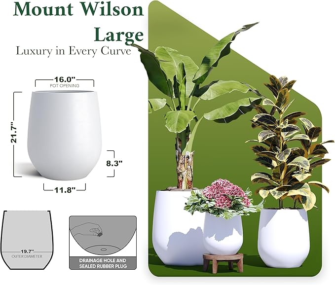 DTY Signature Mount Wilson Modern Indoor Outdoor Fiberstone Tapered Planter, Lightweight, Weather Resistant Garden Pot with Drainage Hole & Rubber Plug, Planter for Christmas Decor - Large, White