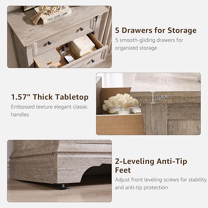 T4TREAM Farmhouse 5 Drawers Dresser for Bedroom, 47" Tall Wood Rustic Chest of Drawers, Vintage Design with Metal Handle, Light Rustic Oak