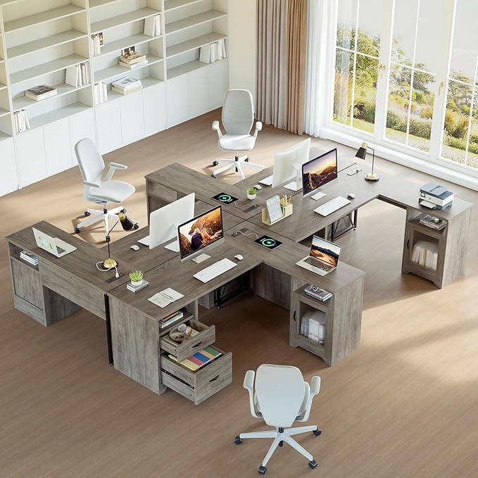 Bestier Farmhouse L Shaped Desk with Drawers, 63" x 47" Office Computer Desk with Charging Station & Fluted Storage Cabinet, Corner Desk with File Drawers, Modesty Panel for Home Office, Grey