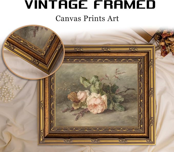 Vintage Gold Framed Flower Still Life Wall Art Retro Rose and Wildflower Wall Decor Pink Floral Print artwork Farmhouse Country Flower painting Picture for Gallery Kitchen Living Room Bedroom 9X11in