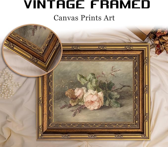 Vintage Gold Framed Flower Still Life Wall Art Retro Rose and Wildflower Wall Decor Pink Floral Print artwork Farmhouse Country Flower painting Picture for Gallery Kitchen Living Room Bedroom 16X24in