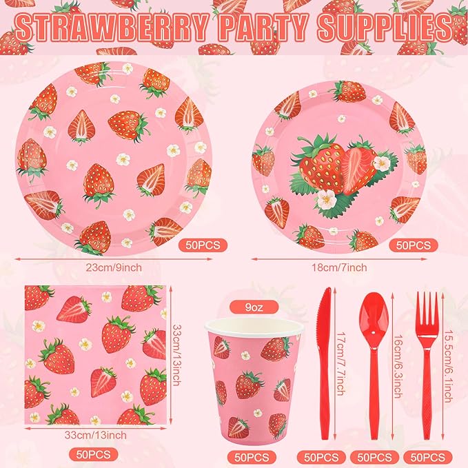 350 PCS Strawberry Party Decor Supplies, Disposable Pink Paper Plates Napkins Knives Forks Cups Dinnerware Set, Sweet Tableware Kit for Baby Shower Girl Birthday Party Christmas Decor, Serves 50