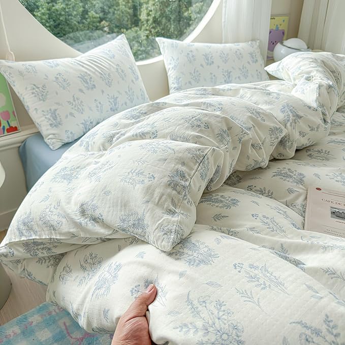 LifeTB Muslin Duvet Cover Set Full Vintage Botanical Floral Duvet Cover 100% Cotton Linen Feel Flower Bedding Set Super Soft Gauze Comforter Cover Breathable Lightweight Cottagecore Bedding Set