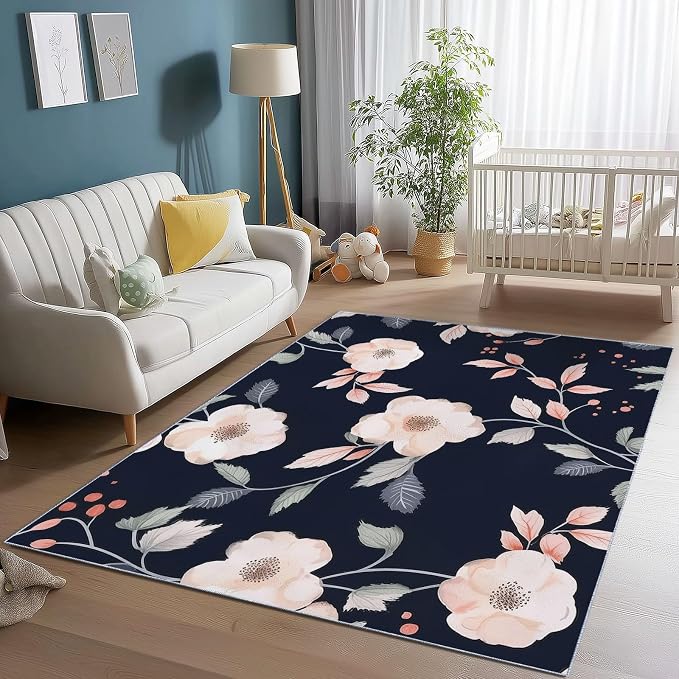 Area Rugs for Living Room, 3x5 Washable Rug Black Soft Low Pile Non-Slip Carpet Stain Resistant Carpets for Bedroom Dining Room Farmhouse Nursery, Retro Branches and Leaves Elegant Flowers