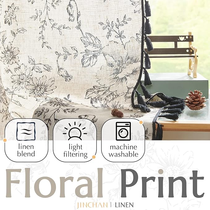 JINCHAN Linen Blend Floral Curtains for Living Room & Bedroom - 84 Inch Long Printed Curtains with Tassels & Rod Pocket - Farmhouse Rustic Peony Flower Patterned Drapes - 2 Panels
