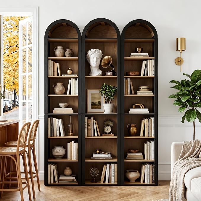 Turtle&Myrtle Tall Narrow Arched Bookshelf, 8-Tier Skinny Arch Bookcase for Small Space, Freestanding Storage Organizer with Adjustable Shelves, Open Display Shelves for Living Room, Entryway (Black)