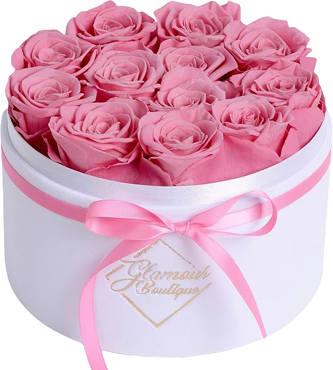 GLAMOUR BOUTIQUE Flower Forever Gift Box 12 Real Preserved Roses in Round Velvet White Box, Handmade, Rose Petals, Birthday, Marriage, Anniversary, Graduation - Pink