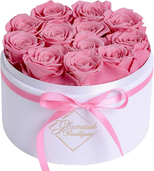 GLAMOUR BOUTIQUE Flower Forever Gift Box 12 Real Preserved Roses in Round Velvet White Box, Handmade, Rose Petals, Birthday, Marriage, Anniversary, Graduation - Pink