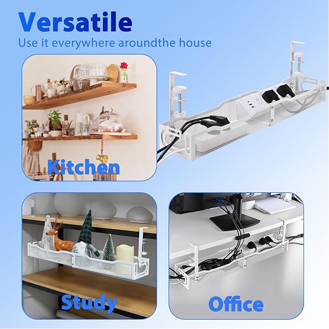 Under Desk Cable Management Box 25.3 Inch – Clamp-Mounted Cable Organizer Tray, Large Cord Management Box for Office & Home, Wire Organizer Under Desk Storage, White