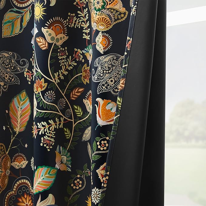 XiDi Navy Blue Blackout Curtains 90 Inches Long with Vintage Floral Leaf Patterned for Bedroom 2 Panels Room Darkening Thermal Insulated Mid Century Modern Curtains Grommet Drapes Home Decor 52x90