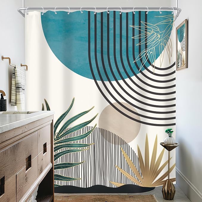 KOMLLEX Mid Century Boho Shower Curtain for Bathroom Decor Abstract Blue Modern Minimalist Grey Aesthetic Sun Arch Curve Leaves Geometric Neutral Fabric Waterproof Polyester 12 Pack Hook 60Wx72L