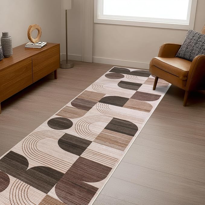 Machine Washable 2x6 Runner Rug, Soft Modern Geometric Abstract Brown Rugs for Bedroom Living Room, Non-Shedding Faux Wool Indoor Throw Floor Carpet for Office Entryway Dining Room Decor