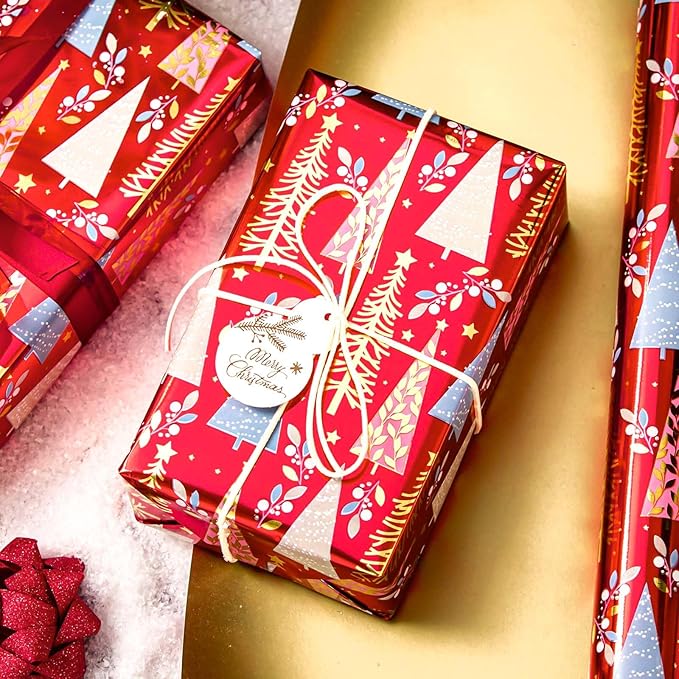 MAYPLUSS Christmas Wrapping Paper Roll - 17IN X 33FT - Christmas Gift Wrapping Paper Featuring Triangle Tree Against Red Reversible Gold for Kids, Holiday, New Year