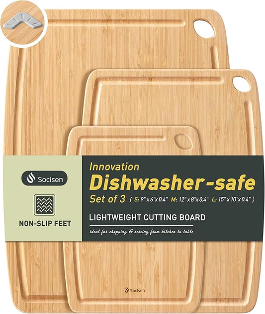 Lightweight Durable Bamboo Cutting Board Set with Non-Slip Feet, Wood Cutting Board for Busy Kitchen, Easy Clean Wooden Chopping Boards with Juice Groove Best House Warming Gift Set of 3 (S+M+L)