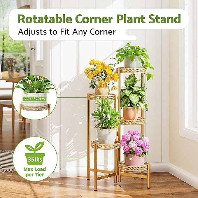 Gold Plant Stand Indoor Outdoor, Corner Metal Flower Pot Stands for Multiple Plants, 5 Tier Heavy Duty Plant Shelf for Patio Garden Balcony Living Room Bedroom - GoldWave
