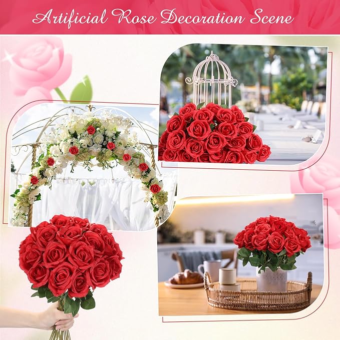 Lyrow 200 Pcs Artificial Roses Realistic Flowers Bulk Real Looking Fake Silk Rose Bouquets with Long Stem Flowers for Wedding Table Centerpieces Bridal Shower Party Home Garden Decor (Red)
