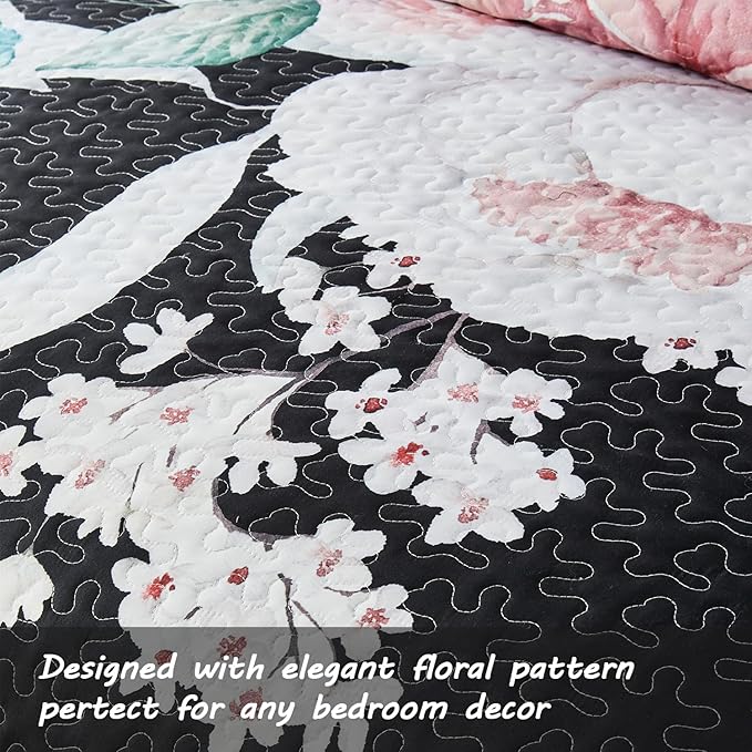 Yogeneg Full Queen Size Quilt Set, Pink Floral Botanical Pattern Black Bedding Set,3 Piece Lightweight Soft Summer Bedspread Coverlet with 2 PIillow Sham for All Season(Pink Floral,90"x96")