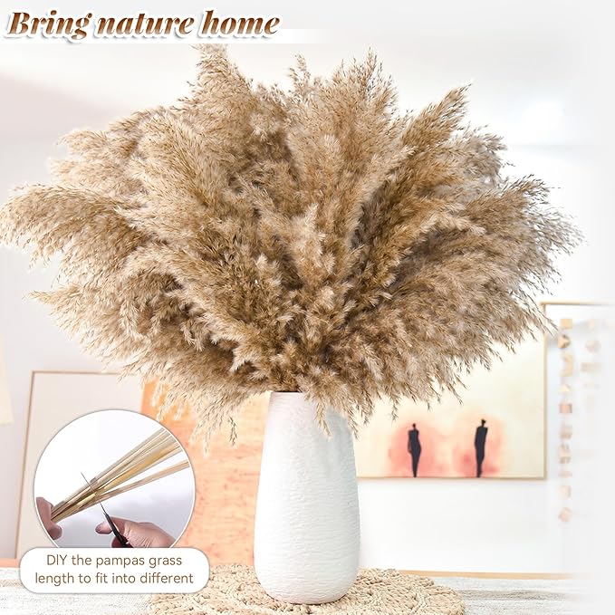 44pcs Pampas Grass Decor-Natural Dried Pampas Grass,Fluffy Brown Pompas Grass,Short Fluffy Pampas Grass Bulk for Small Boho vases,Wedding Flower,Boho Home Decor,Living Room Table Decor(17inch)