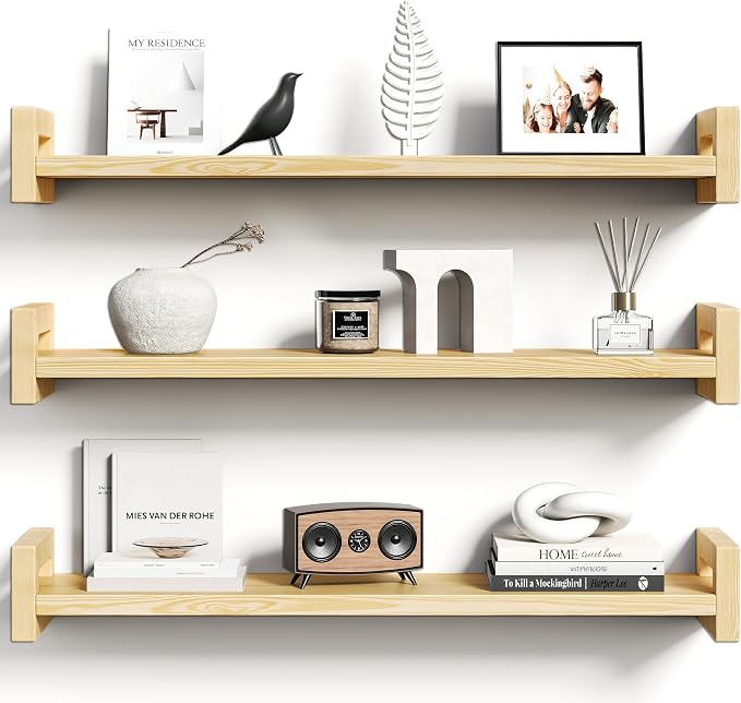 Vailando Floating Shelves for Wall, Set of 3 Solid Wood Wall Mounted Shelves, 23.6" Natural Wood Display Shelf for Bedroom, Living Room, Bathroom, and Kitchen Decor - Heavy-Duty & Natural Pine