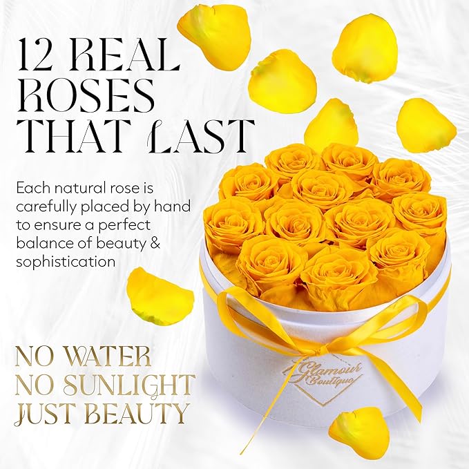 GLAMOUR BOUTIQUE Flower Forever Gift Box 12 Real Preserved Roses in Round Velvet White Box, Handmade, Rose Petals, Birthday, Marriage, Anniversary, Graduation - Yellow