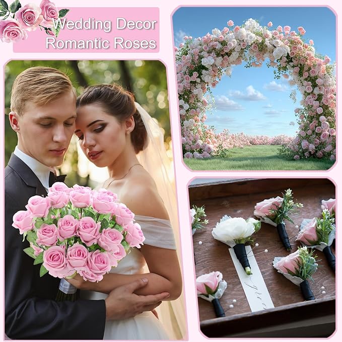 12Pcs Pink Roses Artificial Flowers Fake Roses Faux Velvet Silk Flower for Home Wedding Decoration (Pearl Rose, Gradient Pink)