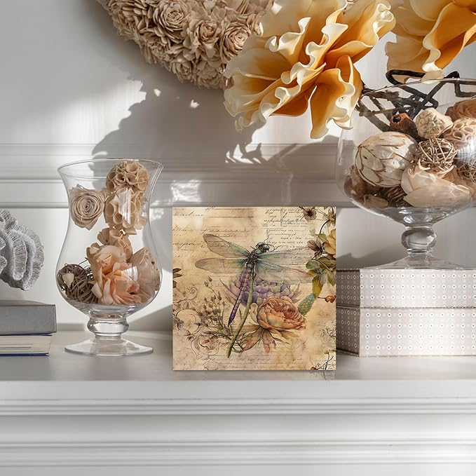 Vintage Dragonfly Flower Wooden Box Sign Desk Decor, Dragonfly Decor, Dragonfly Gifts for Women, Dragonfly Decorative Box Signs Decor for Bathroom Home Office,Retro Floral Desk Decor 5x5Inch