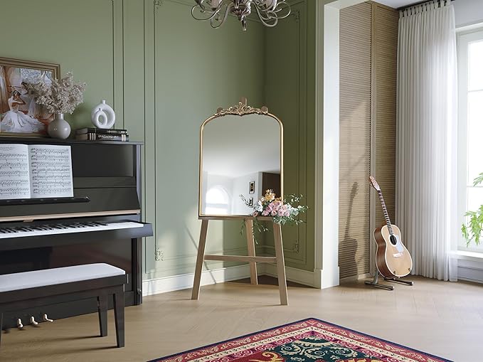 Arched Antique Gold Wall Mirror, 28"x36" Vintage Bathroom Mirror Over Sink, Ornate Arched Brass Wall Mirror for Fireplace, Living Room, Entryway, Bedroom, Hanging or Leaning