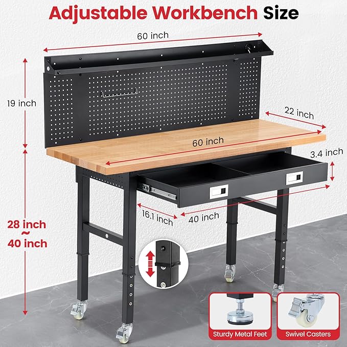 Workbenches for Garage Work Bench with Wheels 60 Inch Adjustable Rubber Wood Top Garage Workbench with Drawers, Pegboard, Power Outlets for Woodworking, Home, Office, Workshop
