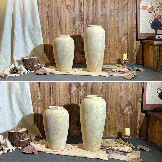 12 Inch Farmhouse Decor Ceramic Rustic Vase,Beige Handmade Flower Vases for Centerpieces,Pottery Vase for Living Room,Kitchen & Bedroom Decor,Vintage Ceramic Vases for Wedding