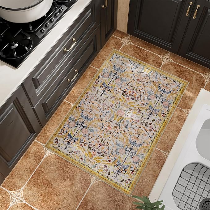 AMTOVO 2x3 Washable Indoor Welcome Door Mat, Vintage Boho Floral Distressed Print Non-Slip Area Rug, Small Throw Rugs for Entryway Indoor Entrance Kitchen Bathroom Laundry Bedroom Floor, Golden Yellow