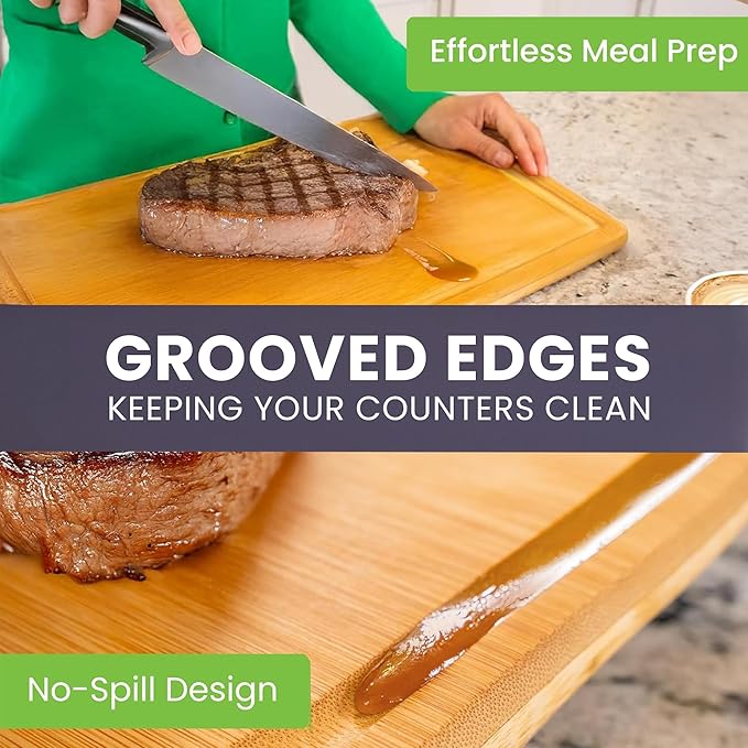 Glue-Free Surface™ Extra Large Bamboo Cutting Board Set – For Chopping Vegetables, Carving Meat, Slicing Bread, and Serving Cheese & Charcuterie for Safer Family Meal Prep – For Health Conscious Chefs