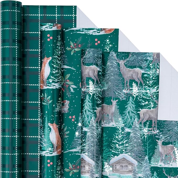 LeZakaa Green Christmas Wrapping Paper Roll, Fox, Squirrel, Reindeer & Chrismas Tree, Green Plaid for Winter Holiday Party, 17 x 120 inches, 3 Mini Rolls
