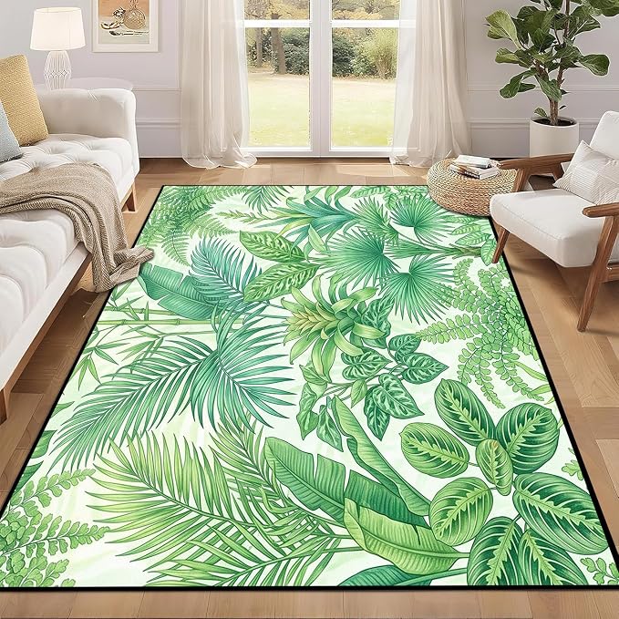Tropical Leaves Area Rug 6'x9' Green Botanical Palm Fern Leaf Rug Non Slip Washable Indoor Floor Mat for Bedroom Living Room Nursery Kitchen Playroom Home Decor