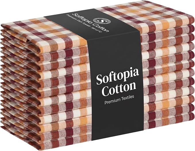 Multicolor Check Kitchen Towels 12 Pack, 100% Cotton Tea Towels, 18"x26" Quick Dry Dish Cloths for Drying Dishes, Reusable, Absorbent - Burgundy Wine, Brown, Mustard Yellow, Natural