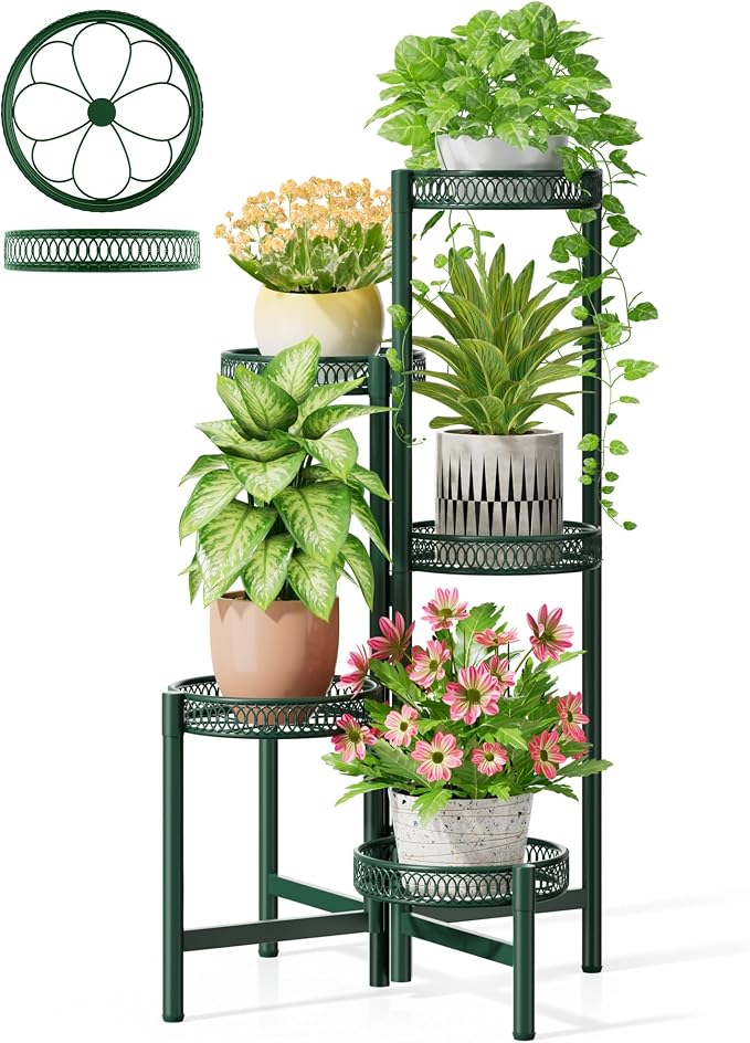 5-Tier Metal Plant Stand Indoor Outdoor, Corner Tall Plant Shelf for Multiple Plants, Foldable Plant Stand, Heavy Duty Flower Stand Holder for House Living Room Balcony Garden Patio -GreenFlower