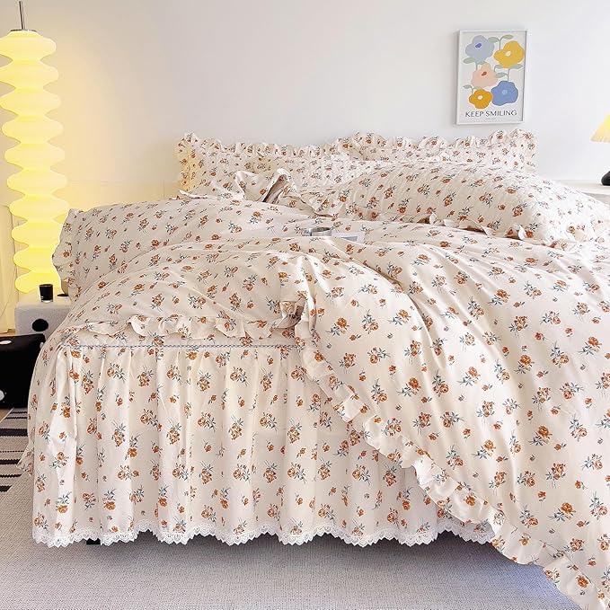 EAVD French Garden Cute Floral Duvet Cover with Ruffles Soft Cotton Chic Romantic Floral Bedding Set with 2 Pillowcases Fresh Botanical Duvet Cover with Zipper Closure
