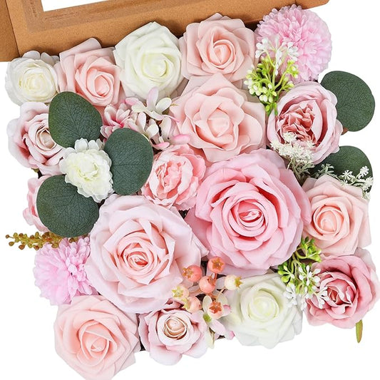 Artificial Flowers Combo Box Set Pink Roses Floral Fake Flowers Realistic Touch Flowers with Stems for Wedding Bouquets Table Centerpieces Home Decor