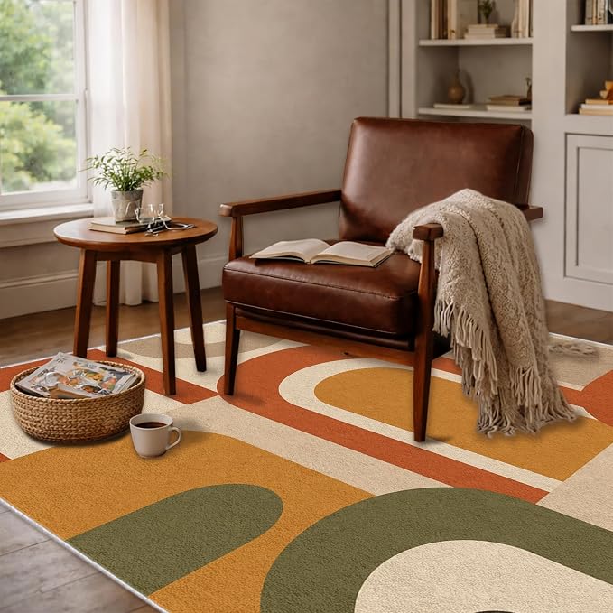 Mid Century Arch Area Rug 6x9, Terracotta Geometric Abstract Rug, Retro Modern Color Block Washable Low Pile Non Slip Rug for Living Room Bedroom