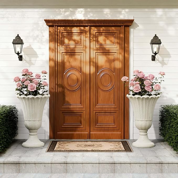 Tall Plastic Urn Planters for Outdoor Plants Set of 2-23.6" H Classic Petal Design Indoor Large Flower Pots with Drainage Holes, Outdoor Planters for Porch Decor/Garden Vase, Beige/Off White