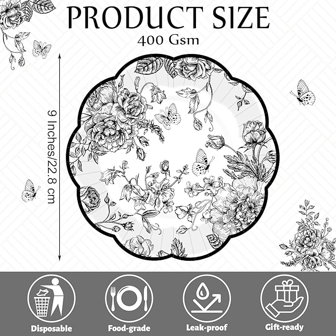 100 Pieces Black Floral Paper Plates 9 Inches Disposable Black and White Flower Scalloped Plates Vintage Floral Dinner Dessert Decorative Plate for Wedding Baby Shower Birthday Party Supplies